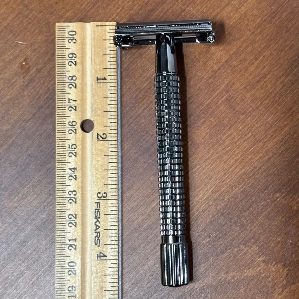 Double Edge Safety Razor Black Chrome/Gunmetal Knurled Handle‎ Modern DE Razor